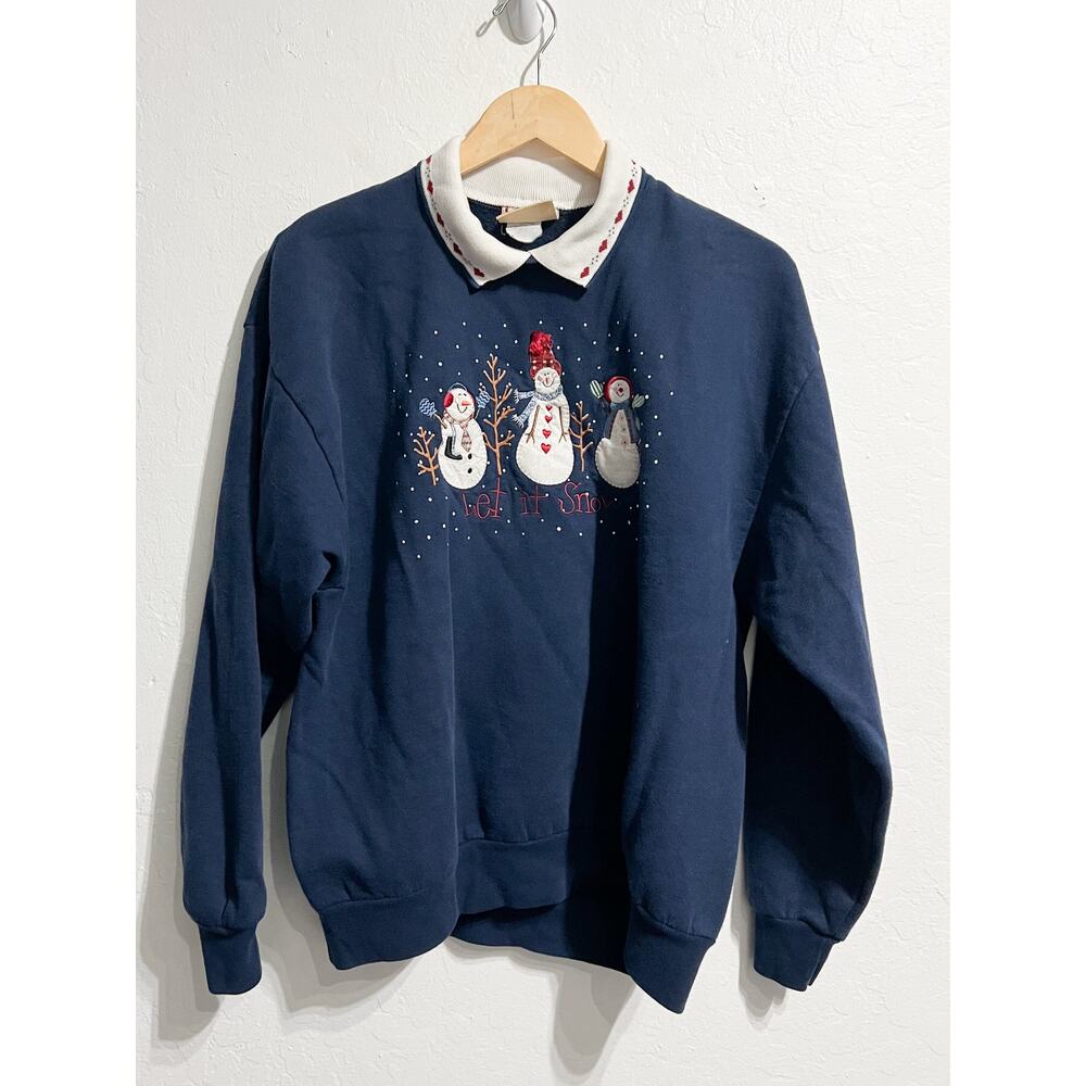 Vintage Top Stitch Sweatshirt Large Navy Blue Snowman Embroidered Christmas